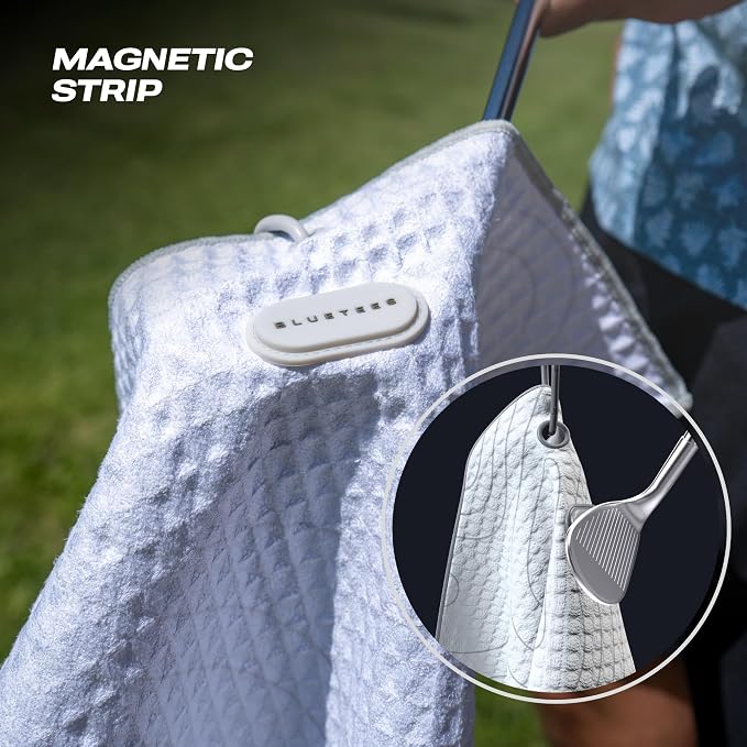 Blue Tees Golf Premium Magnetic Towel - Super Strong Magnet - Microfiber Waffle Design - Silicone Brush - Groove Cleaner - Bag Buckle
