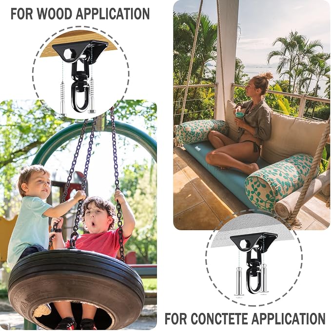 Hammock Hanging Kit, 360° Rotating Heavy Duty Swing Chair Hook 1200 lbs Capacity, Ceiling Mount Hammock Chair Hardware with Carabiner for Indoor Outdoor Yoga, Tree, Porch, Seat, Home Gym