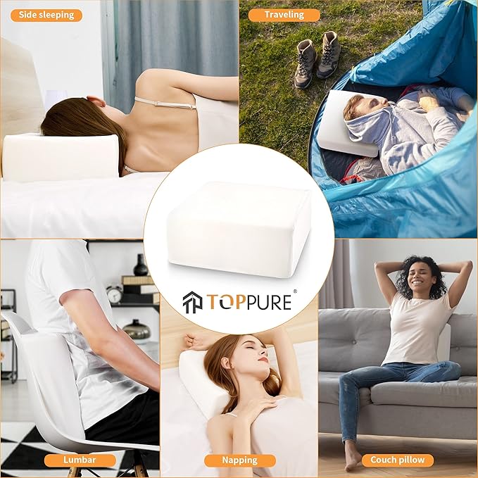 TOPPURE Cube Memory Foam Pillow for Side Sleepers, Xtra Thick 6“ inch Side Sleeping Pillow for Neck and Shoulder Pain Relief, Washable Pillowcase Including, (White, 6"x14"x14")
