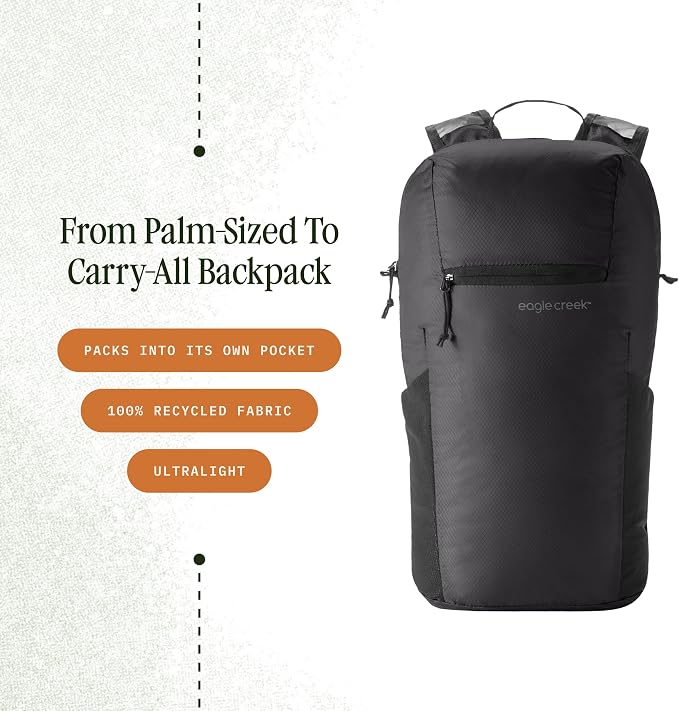 eagle creek Packable Backpack - Compact Multipurpose Water Resistant Breathable Mesh Shoulder Straps - Perfect for Beach Days, Sports, Hiking & Travel -, One Sixe Black
