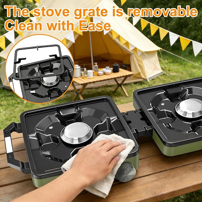 2-Burner Pro Camping Stove,24000 BTU Camp Stove,Foldable Propane Stove Includes Carry Bag,Windscreen Griddle, Portable Stove,Camping Essentials,Suitable For Outdoor Cooking,Tailgating,Grilling (Green)