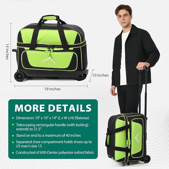 GoHimal Double Roller 2 Ball Bowling Bag with Separate Shoe Compartment for Bowling Shoes (Up To US Mens Size 15) and Oversized Accessory Pocket, Retractable Handle - Extends to 40"