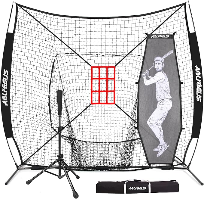 7'X7' Baseball Softball Practice Net,Pitching Net,Batting Net,with Baseball Tee,Bonus Strike Zone and Bow Frame,for Hitting,Pitching, Catching