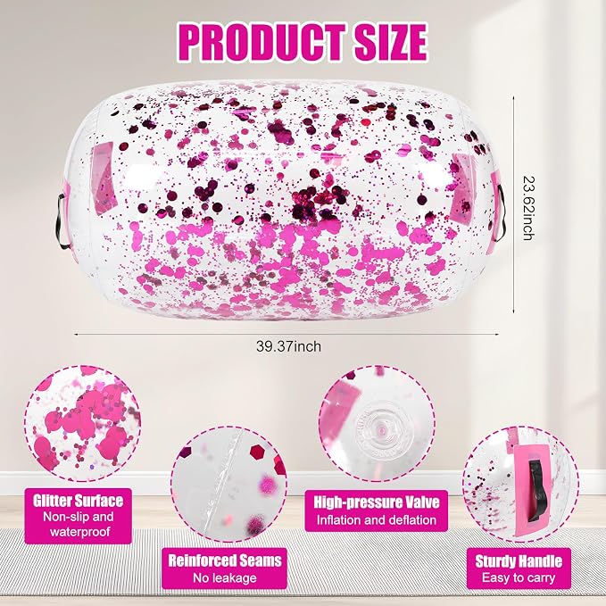 Gemscream Gymnastics Barrel Inflatable Air Roller Mat 40" x 24" Glitter Tumbling Air Barrel Gymnastic Cylinder Tumble Equipment for Back Handspring Trainer Cheerleading Yoga Home Use