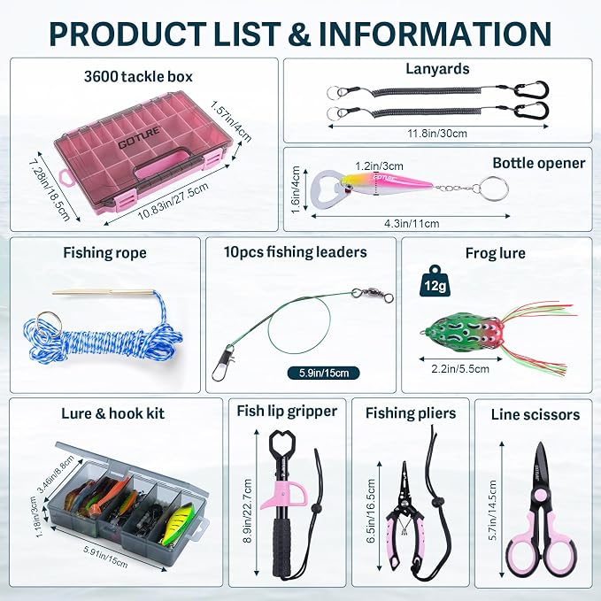 Goture Pink Fishing Kit, Fishing Lures with Tackle Box and Fishing Tool Kit Set for Women, Include Fish plier, Braid Scissors, Fishing Gripper with Gift box