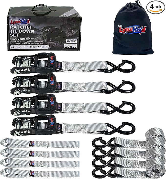 Ratchet Tie Down Straps, 5280lbs Break Strength, 1.6" x 8' Heavy Duty Ratchet Tie Down Strap Set with Padded Handles, Coated S Hook, Soft Loop for Trucks, ATV, UTV, Motorcycle, Cargo & More - Gray