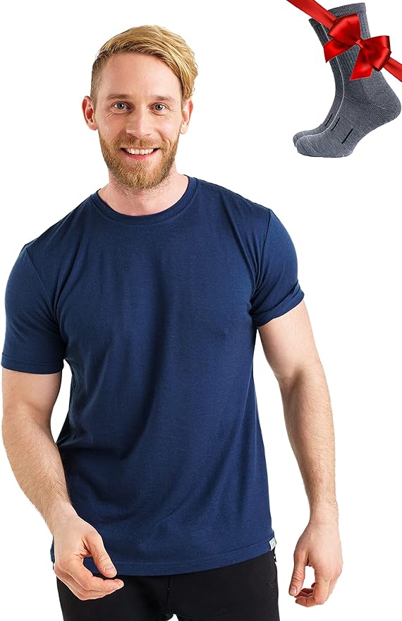 Merino Wool T-Shirt Mens - Merino Wool Undershirt Thermal Shirt for Men and Hiking Socks