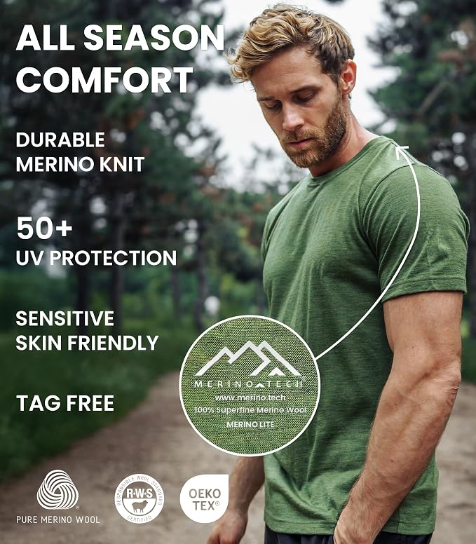 Merino Wool T-Shirt Mens - Merino Wool Undershirt Thermal Shirt for Men and Hiking Socks