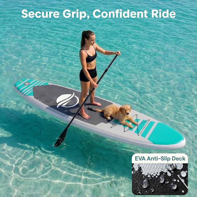 SereneLife 10’6" Inflatable Stand Up Paddle Board with Premium SUP Accessories - Wide Stable Design with Non-Slip EVA Deck Pad, for Youth and Adults, 350 lbs. Capacity