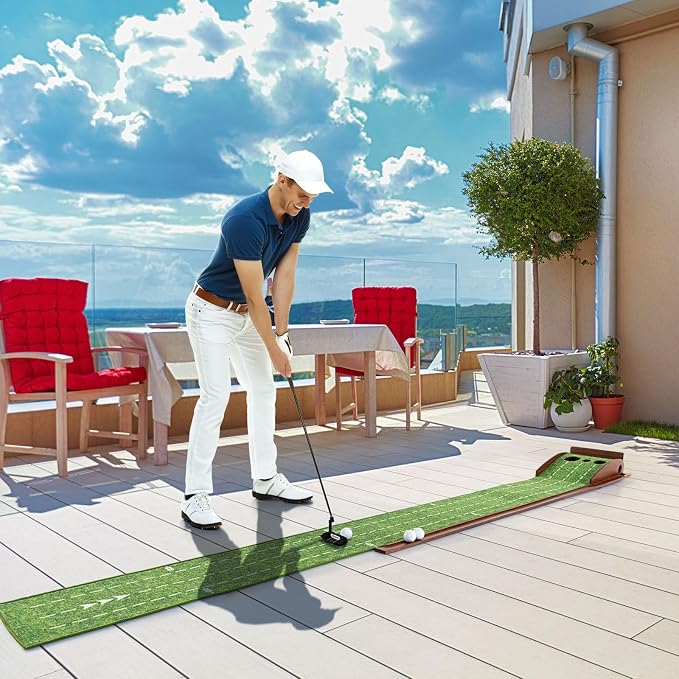 Tangkula 10 FT Golf Putting Green, 2/3-Hole Golf Putting Practice Mat with Auto Ball Return for Indoors & Outdoors, Alignment Guides & 3 Golf Balls, Mini Golf Game for Home and Office