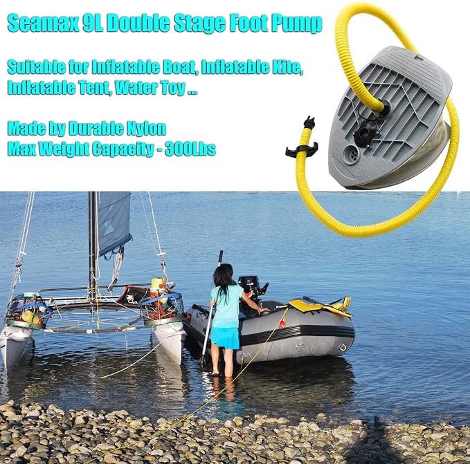 Seamax 9L Foot Pump with Double Chambers, High Volume and High Pressure, Max 15 PSI for Inflatable Boat and SUP