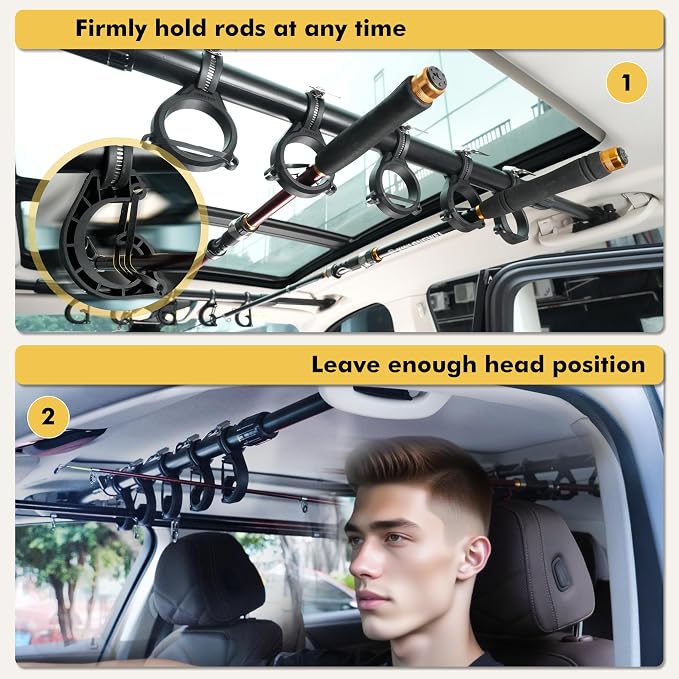 Hikeen Fishing Rod Holder for Car, Vehicle Fishing Pole Holder Roof Rack Inside,5 Rod Capacity, Heavy Duty Adjustable 35-59 Inch, Fishing Rod Carrier Pole Storage for Trucks, SUV, Wagons, Van