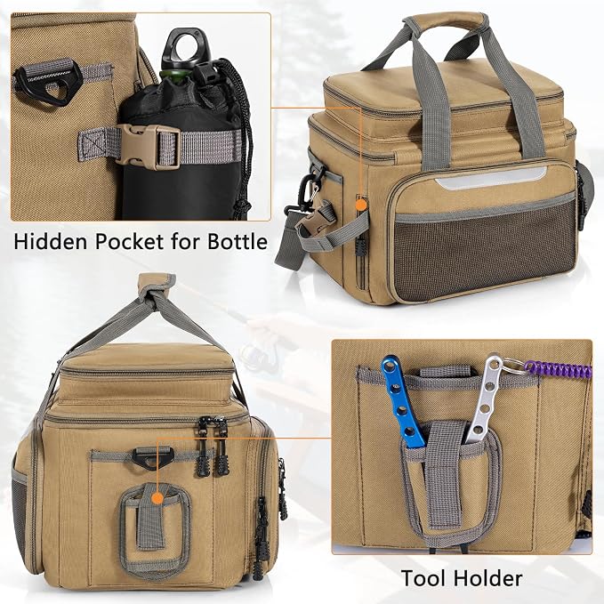Fishing Tackle Bag - Holds 3400-3600 Size Tackle Boxes (Kahki) | Fit Saltwater & Freshwater & Night Fishing, Reflective Strip Design, Durable Material, Lagre Capacity, Padded Shoulder Strap
