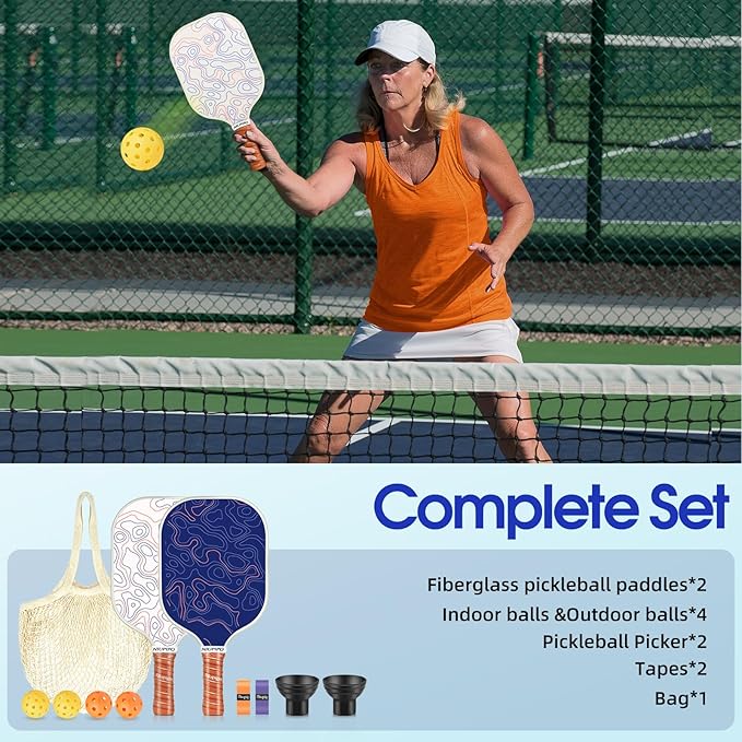 niupipo Pickleball Paddles Set of 2 or 4, USAPA Approved Fiberglass Pickleball Paddle Set with Balls and Bag, Polypropylene Honeycomb Core, Lightweight Pickleball Paddles for Beginners Men Women