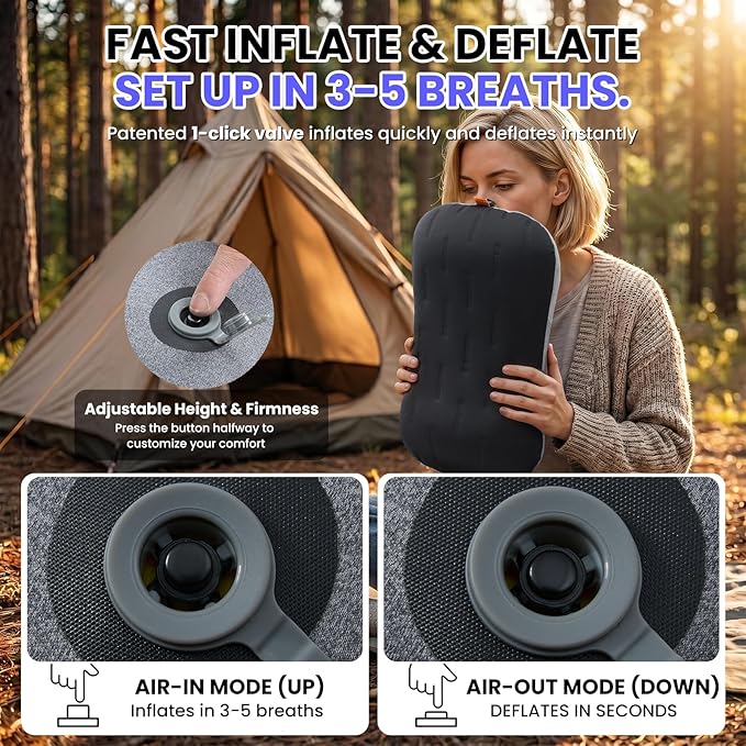Inflatable Camping Pillow - Ultralight Compact Air Pillow for Travel, Backpacking & Hiking - Ergonomic Neck & Lumbar Support - Portable Inflatable Pillow with Removable Washable Cover - (Black 2 Pack)