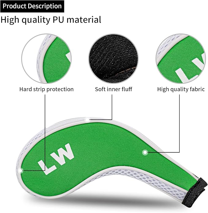 Golf Club 12pcs Thick Synthetic Zipper Long Neck Set Headcover Fit The Most Brands, Side Number Golf Iron Club Head Cover LW SW PW Covers #3,4,5,6,7,8,9