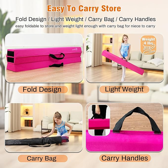 MARFULA 6 FT / 8 FT / 9 FT Folding Gymnastics Beam Foam Balance Floor Beam - Extra Firm - Suede Cover - Anti Slip Bottom with Carry Bag for Kids/Adults Home Use