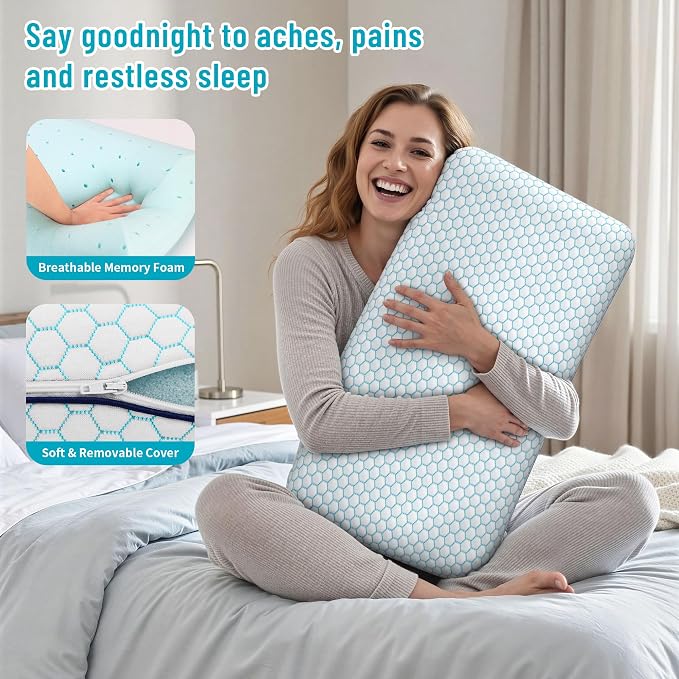 CushyOasis Memory Foam Pillows for Side, Set of 2, Back and Stomach Sleepers, Bed Pillow with Breathable Mesh and Washable Cover, Bed Pillow for Sleeping (Blue, Queen Size)