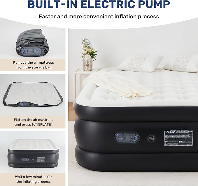 YSSOA Queen Camping Air Mattress with Built-in Electric High-Speed Pump, 22" Bed Height, Comfort Blow Up Inflatable Airbed with Carrying Bag for Travel & Home Guests, Waterproof Foldable Portable