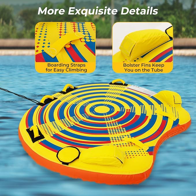 GYMAX Towable Tube for Boating, 2/3 Riders Inflatable Boat Tube for Water Sports to Pull with Padded Grip, Dual Tow Points, Full 900D Nylon Cover & Drainage System for River, Lake, Sea