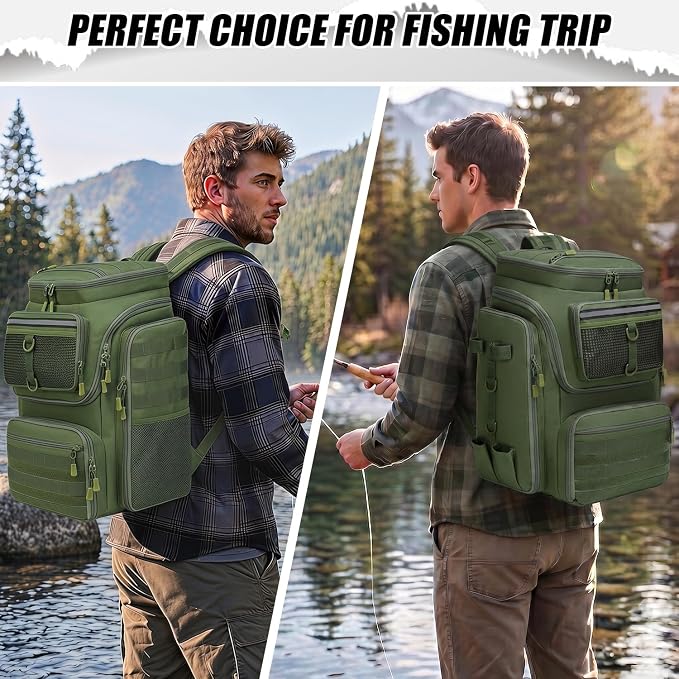 HAMBOLY Fishing Backpack 45L with Rod Holders, Water-Resistant Tackle Backpack for Fishermen, Large Capacity Fishing Gear Bag for Travel Hiking Camping