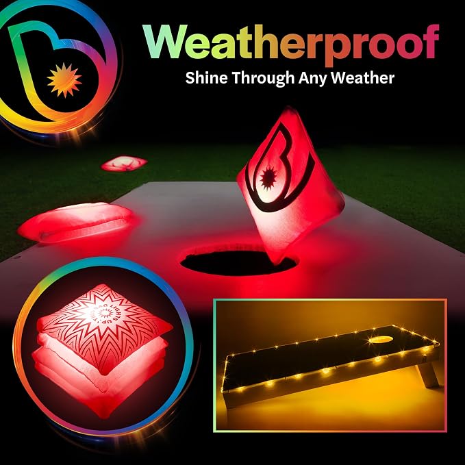 Brightz Cornhole Board Edge Lights with LED Bags - Includes 4-Pack of LED Cornhole Bags + TossBrightz Cornhole Board Edge Lights - The Ultimate Night Time Cornhole Master Set