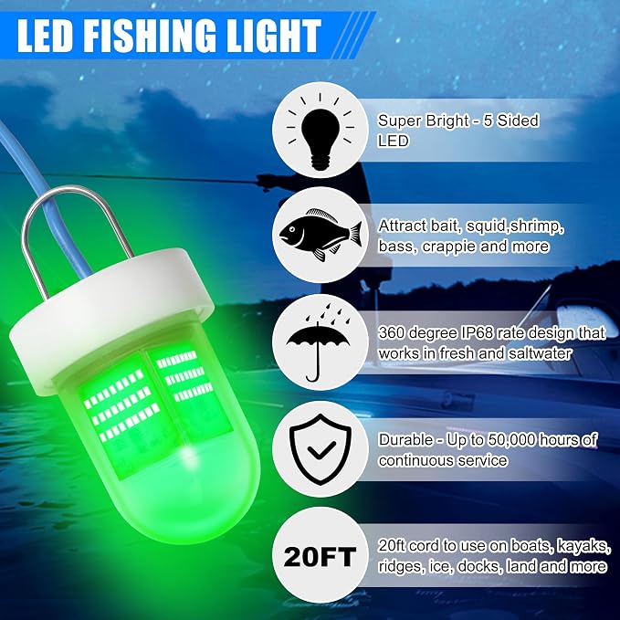 AGOOL Underwater Green Fishing Light Super Bright 80W 40000 Lumens 12V LED Deep Drop Night Fishing Light Submersible Fishing Bait Finder Shrimping Lights for Snook Crappie Shrimp Squid Fish