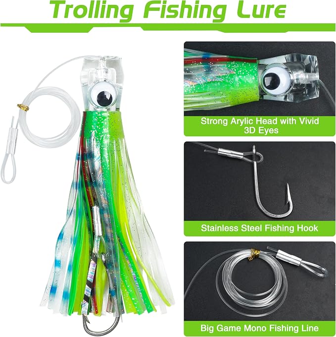Trolling Lures Saltwater for Tuna Mahi Marlin Wahoo Dolphin Shark Offshore Trolling Baits with Squid Skirt Big Game Fishing Lures Deep Sea Squid Skirts Rig 6/9 inch
