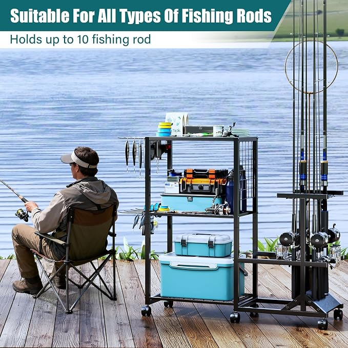 TC-HOMENY Fishing Rod Holders for Garage with Lockable Wheels, Heavy Duty Fishing Pole Rack Cart Holds Up to 10 Rods, Large Fishing Tackle Gear Organizer Storage rack for Room, Garage, Basement, Black