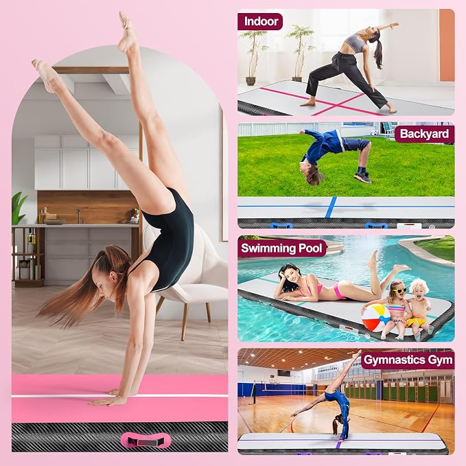 Inflatable Gymnastics Mat 10ft/13ft/16ft/20ft/ Air Tumbling Track Mats 4/8 inches Thick for Home Use/Training/Cheerleading/Yoga/Water with Pump
