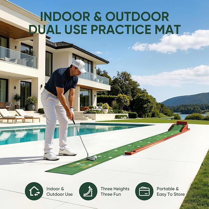 Golf Putting Green Indoor - Practice Uphill Putts, 3-Level Adjustable Incline, Auto Ball Return and Foldable Solid Wood Base, Golf Training Aid for Home, Office, Backyard - Golf Putting Mat