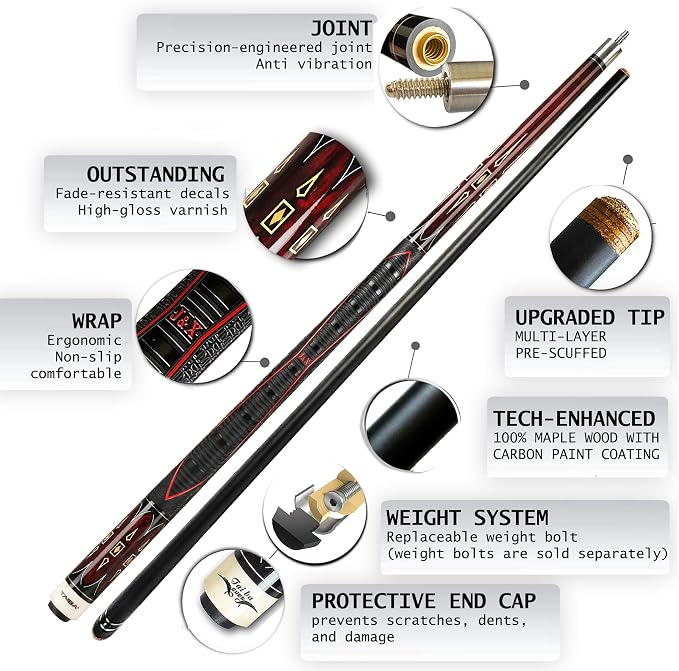 Tai ba cues 2-Piece Pool Stick with 1x1 Case, PU Rubber Grip, 13mm Multilayer Leather Tip, 58", Hardwood Canadian Maple Professional Billiard Pool Cue Stick 19-21 Oz