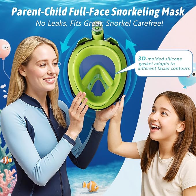 Greatever G2 Adults Kids Full Face Snorkel Mask 2 Pcs,Snorkeling Gear with Latest Dry Top System,Foldable 180 Degree Panoramic View,Safe Breathing,Anti-Leak&Anti-Fog Snorkeling Mask with Camera Mount