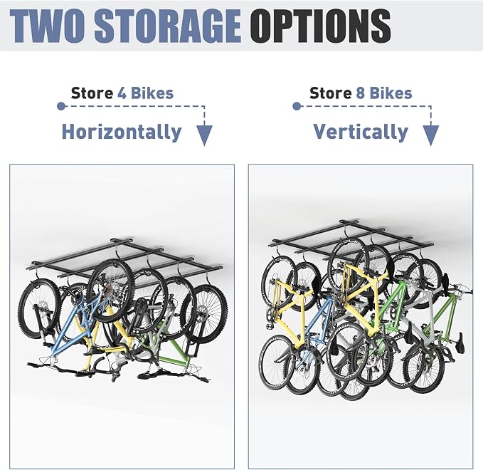 WALMANN Garage Ceiling Bike Rack, Adjustable Overhead Bicycle Storage System – Stores 4 Bikes Horizontally or 8 Bikes Vertically, Ceiling-Mount Bike Hanger for Road & Mountain Bikes