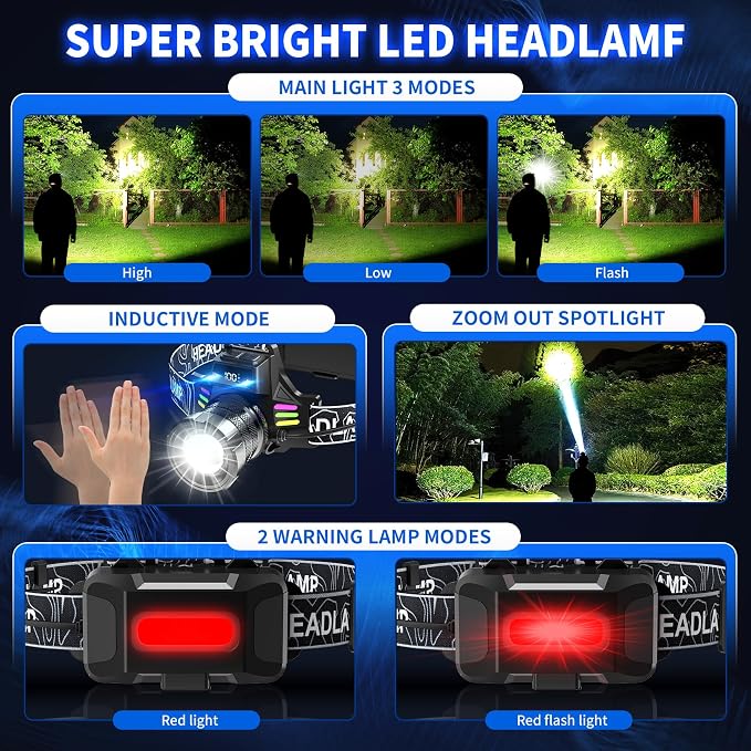 2 Pack Head Lamps led Rechargeable Super Bright 3000 Lumens Bright Headlight for Adults with 7 Modes, Motion Sensor & Digital Display Waterproof for Camping, Hiking, Running, Luminous Strip