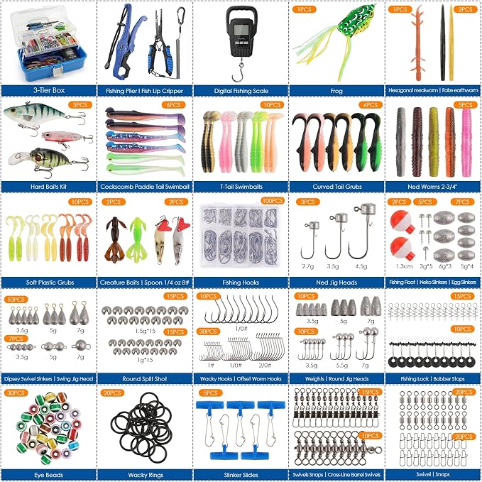 Fishing Lures Kit, 421PCS Tackle Box-(Blue) | Included Fishing Pliers, Hooks, Soft Baits, Weights,Accessories - Complete Freshwater Bass Fishing Gear Kit for Men with Gift