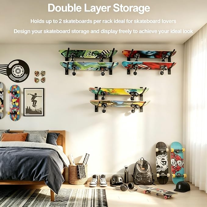 Bijun Skateboard Wall Mount | Horizontal Snowboard Wall Mount, Skateboard Storage Hanger for Garage, Bedroom, Home Display & Organization