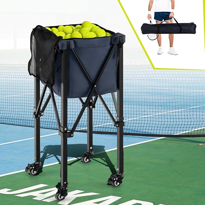 Tennis Ball Hopper Cart with Wheels, Portable Tennis Ball Basket Holds 150 Balls, Collapsible Aluminum Tennis Basket for Balls Pickup, Pro Sports Teaching Cart for Tennis Pickleball Baseball