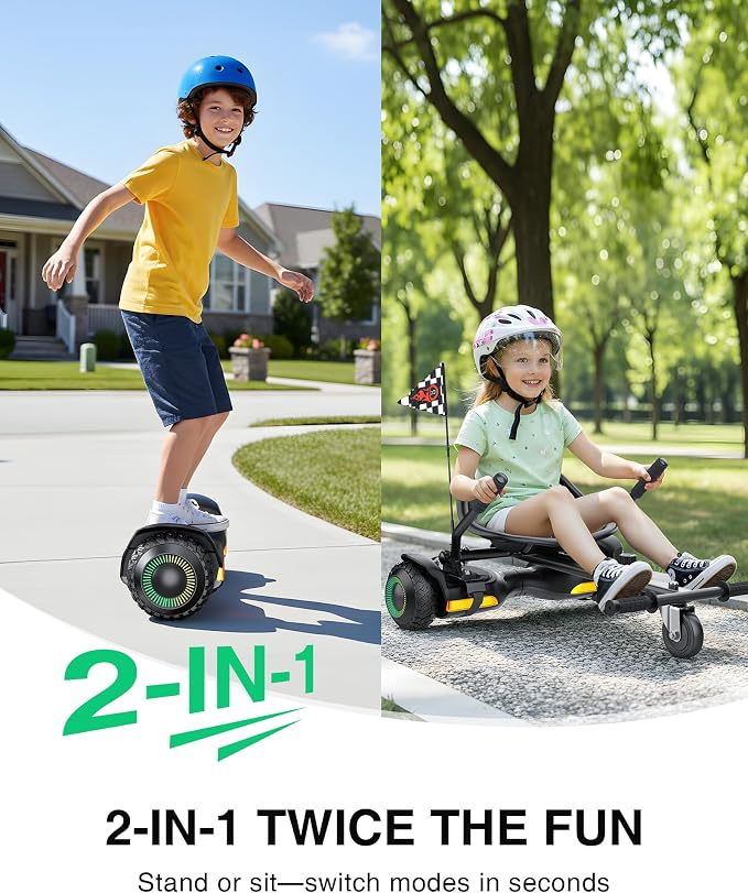Gyroor Scooter with Adjustable Seat Attachment, 6.5" All-Terrain Self Balancing Scooter, LED Lights & Bluetooth for Kids and Adults, Black