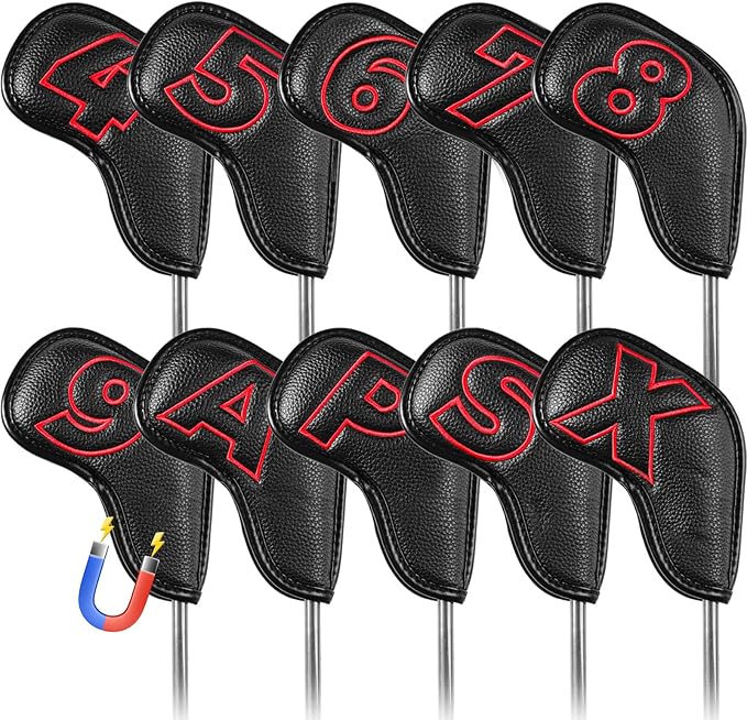 Golf Iron Covers Set Strong Magnetic Closure Value 10 Pack, Double Side Number Synthetic Leather Deluxe Club Headcover, Universal Head Cover Fit Main Irons Clubs for Women Men