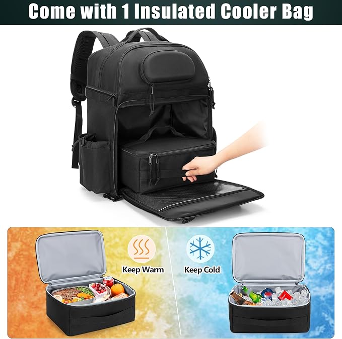 Rexmica 35L Fishing Tackle Backpack Bag with Cooler, Fishing Rod Bag Holds 2 Rods & Reels for Tackle Boxes or Other Fishing Gear, Fishing Pole Backpack, Black