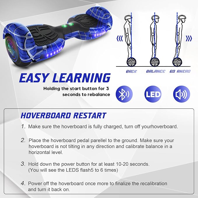 Spider-Pattern Hover Board for Kids Ages 6-12, with Bluetooth Speaker and LED Lights 6.5" Hover Board, UL2272 Safety Certified (Blue)