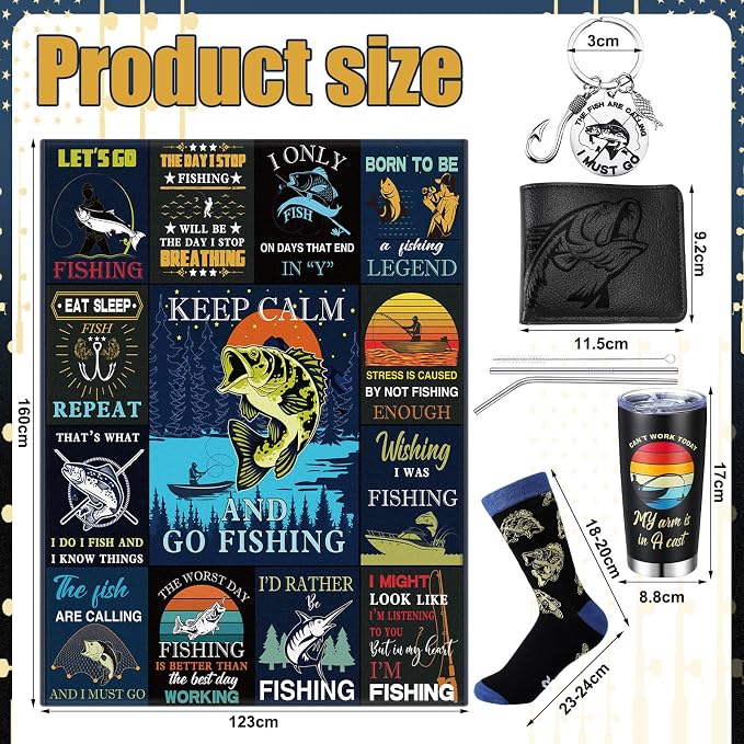 Hahafelt 5 Pcs Fishing Gifts for Men Sets Fishing Gifts Include Blanket 20 oz Stainless Steel Cup Socks Wallet Stainless Keychain for Who Love Fish Lover Dad Grandpa