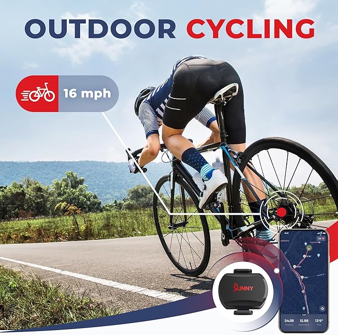 Sunny Health & Fitness 2-in-1 Advanced Cadence/RPM + Speed Sensor, Cadence Sensor Bluetooth ANT+ for Indoor/Outdoor Bikes, Magnet-Less Design for Outdoor Cycles, Exercise Bikes, and More - CB110S