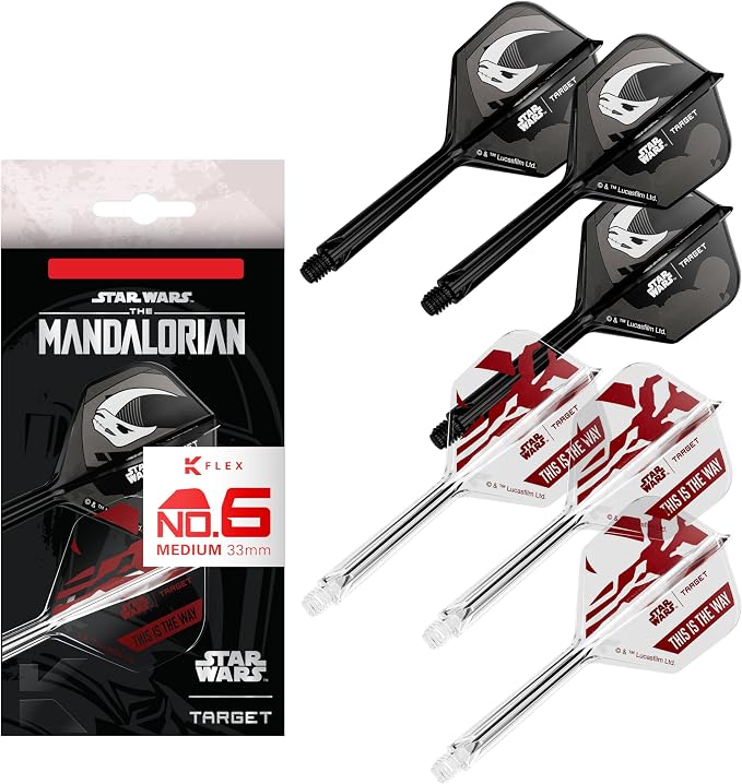 Target Darts Star Wars Mandalorian K Flex Integrated Dart Flights & Shafts | Character Inspired Pack of 3 K-Flex, No.2 & No.6 | Short, Intermediate & Medium Disney Kflex Accessories