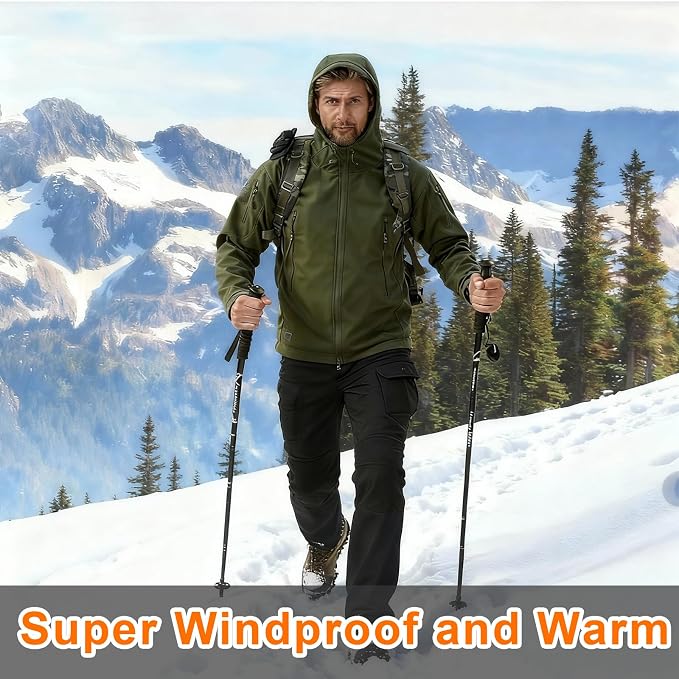 Men's Military Tactical Jacket Fleece Lined Hooded Mens Softshell Jacket Waterproof Windproof and Warm Winter Coat