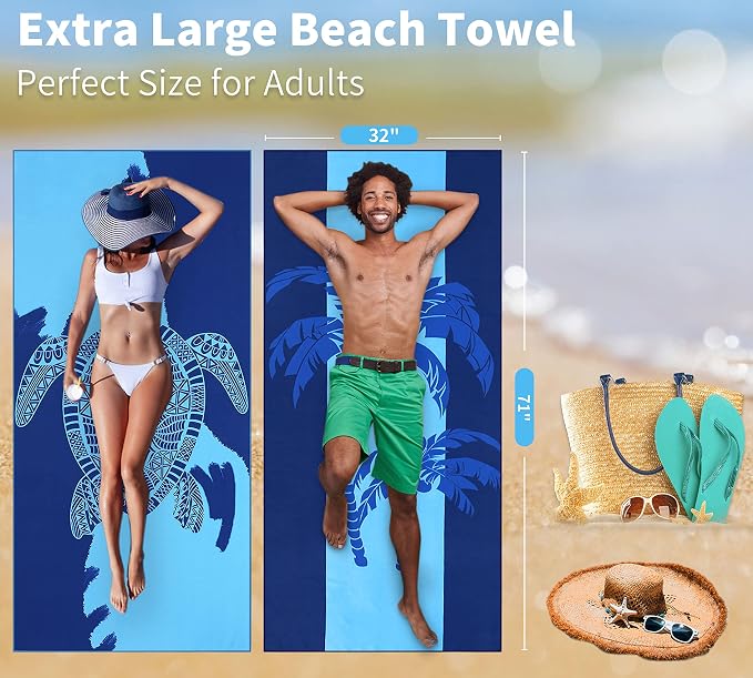 4 Pack Lightweight Thin Beach Towel Oversized 71"x32" Big Extra Large Microfiber Sand Free Towels for Adult Quick Dry Travel Camping Beach Accessories Gift Coconut Tree Sea Turtle Stripe Mandala
