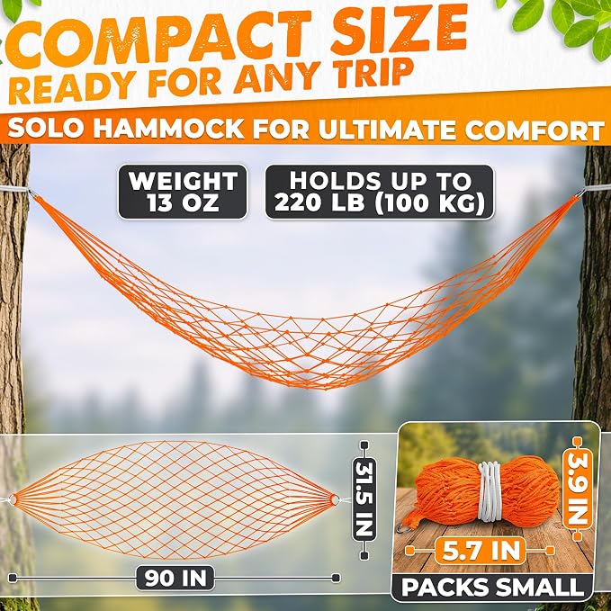 Mesh Hammock - Loop & Lounge Between Two Trees, Rope Hammocks for Outside Camping - No Stand Needed, 220 lb Capacity, Lightweight 13 oz Nylon Net Bed for Backyard Garden Patio Beach Travel, Orange