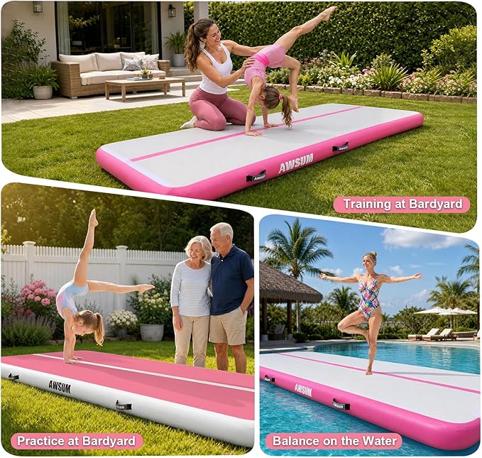 AWSUM Inflatable Gymnastics Mat 10ft/13ft/16ft/20ft/23ft Training mat 4/8 inches Thick tumbling mat with Electric Pump for Home/Gym/Outdoor