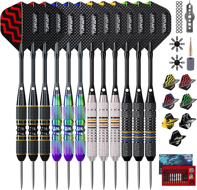 Turnart Darts Metal Tip Set - Steel Tip Darts Darts Set Professional Metal Darts 12 pcs 22/24 Grams Pro Dart Set with Stylish Case Aluminum Shafts Extra 9 Flights